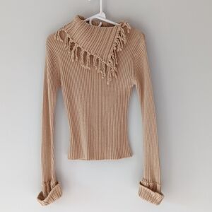 Jazzie Ribbed Knit Sweater Long Sleeve Split Cowl-Neck Tassel Cuffs Tan Medium